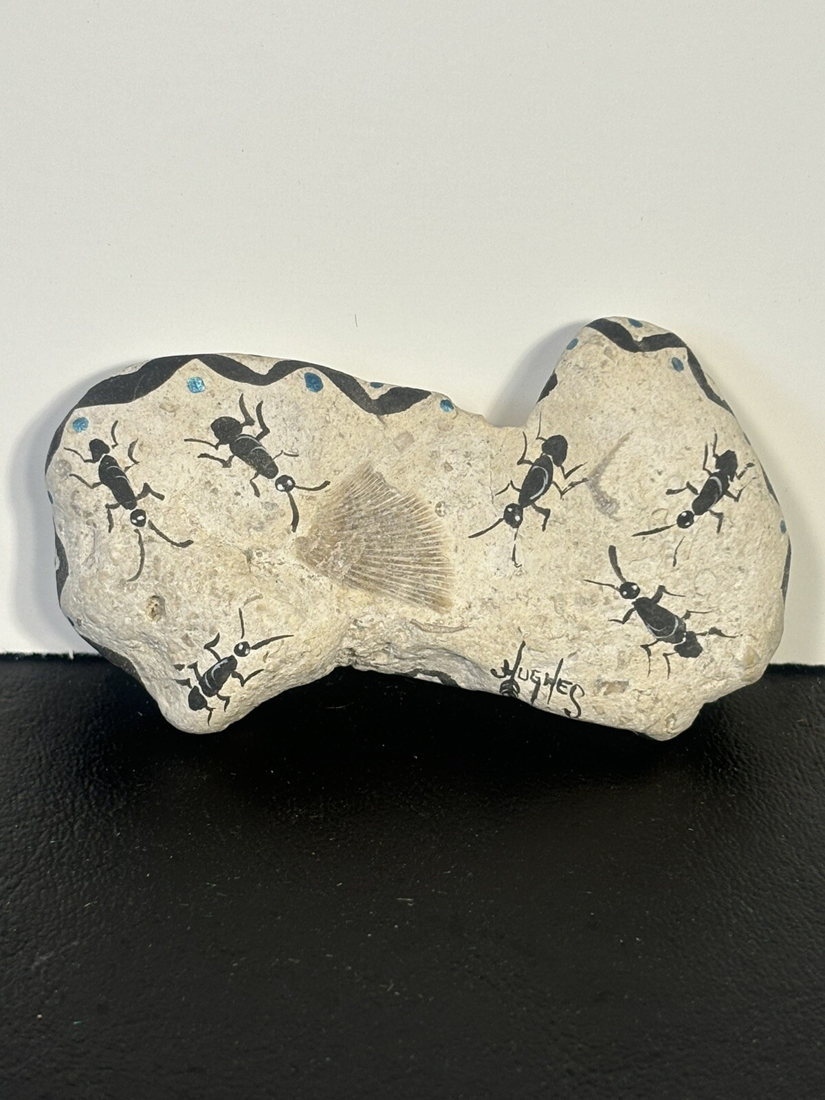 Fish Fin Fossil With Hand Painted Insects Signed By Hughes