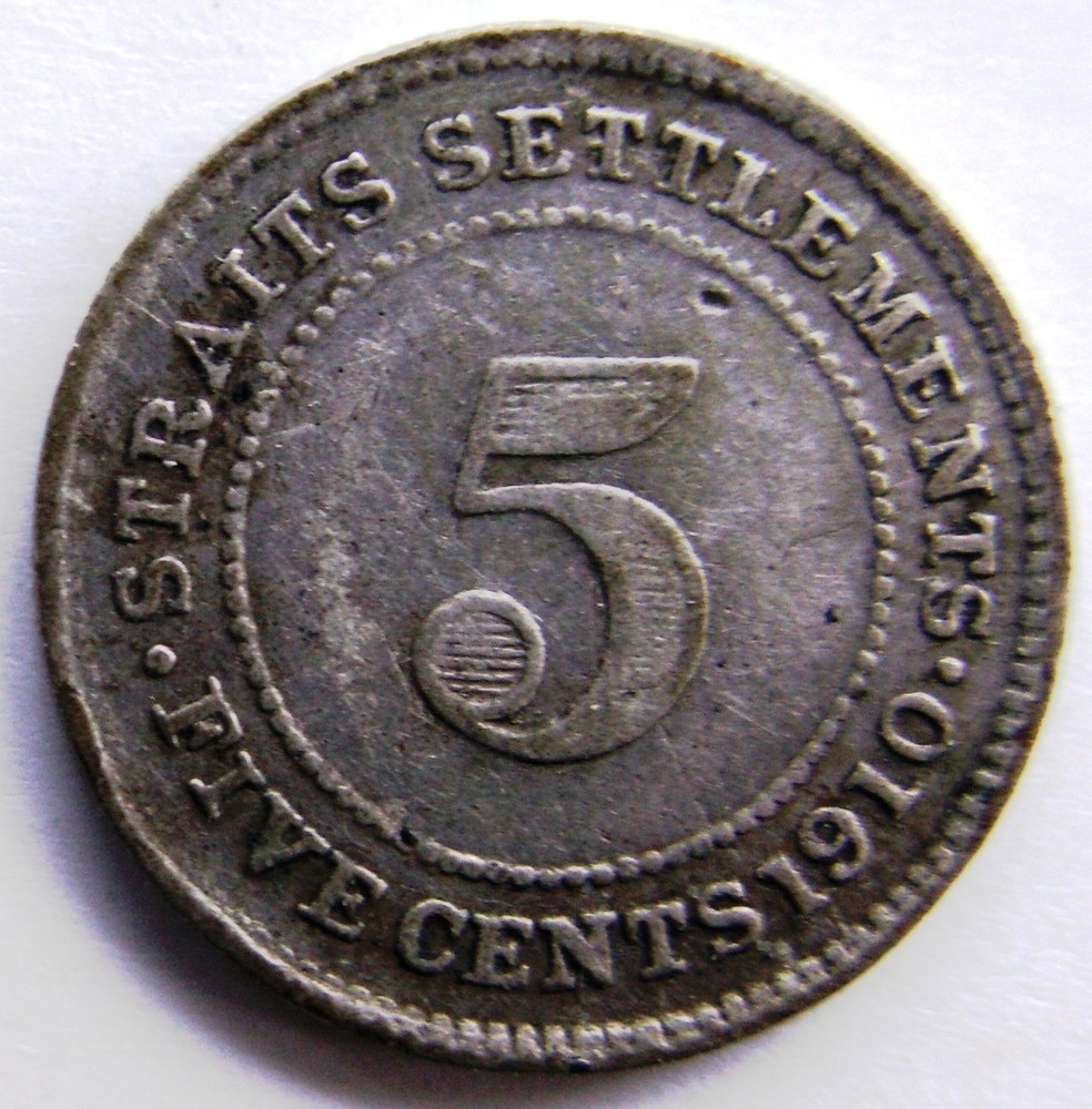 STRAITS SETTLEMENTS / SILVER 5 FIVE CENTS 1910