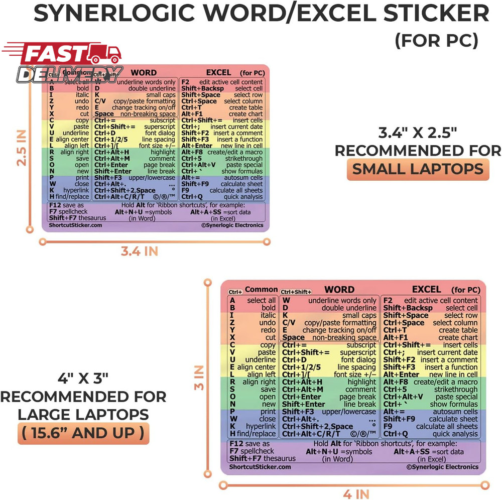 Synerlogic Word/Excel Windows Shortcut Sticker | Reference Guide Keyboard Shortc
