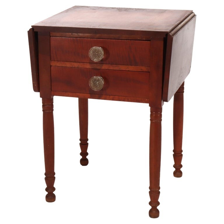 Antique Sheraton Cherry & Tiger Maple Two Drawer Drop Leaf Table C1840