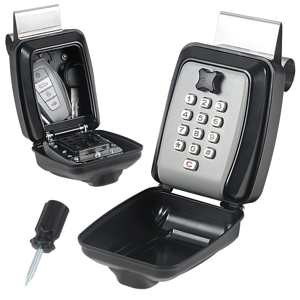 Car Window Punch Button Lock Box, Black Portable Car Key Lock Box, Sturdy Wat...