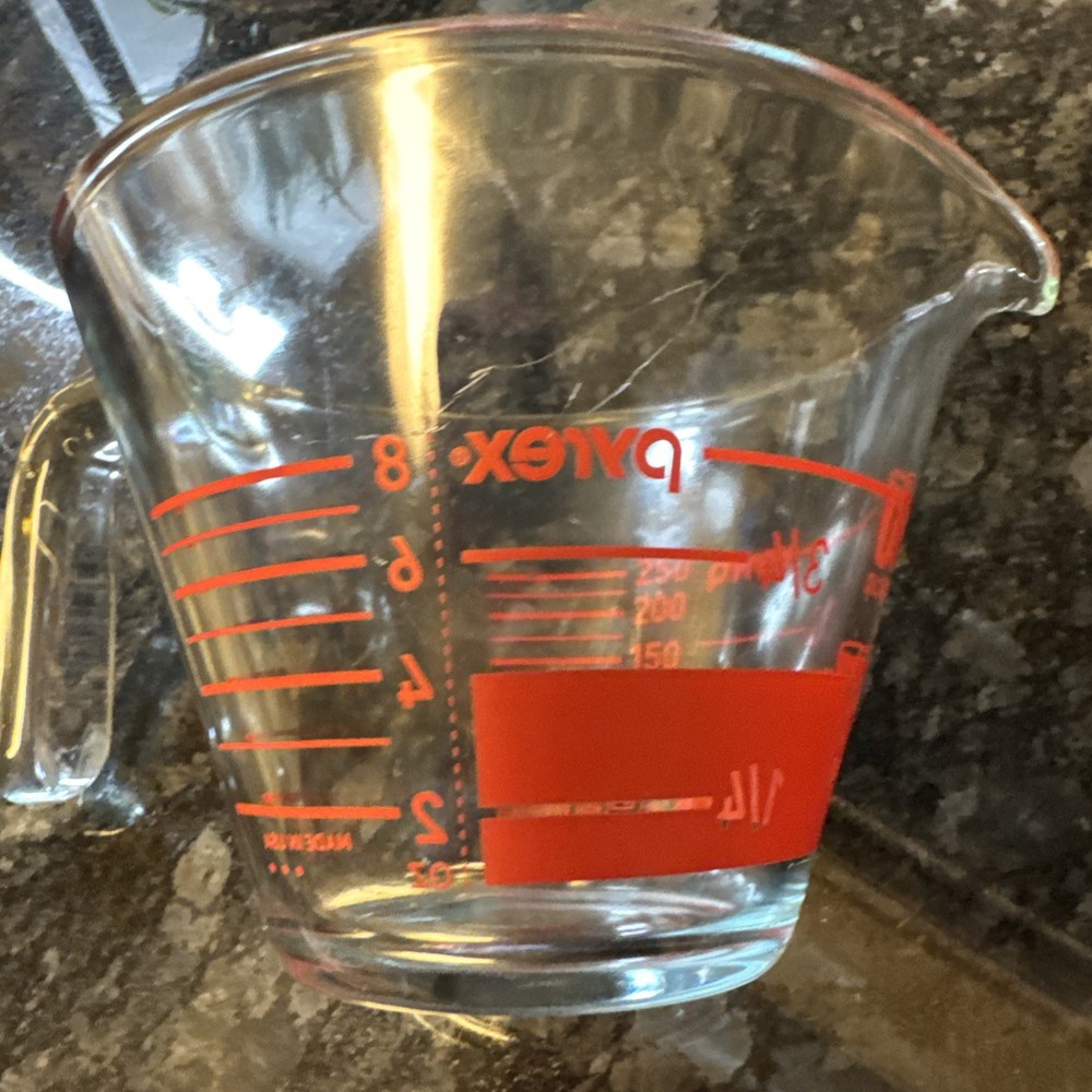 Vintage PYREX 2 Cup Liquid Measuring Cup Red Reverse Read Inside