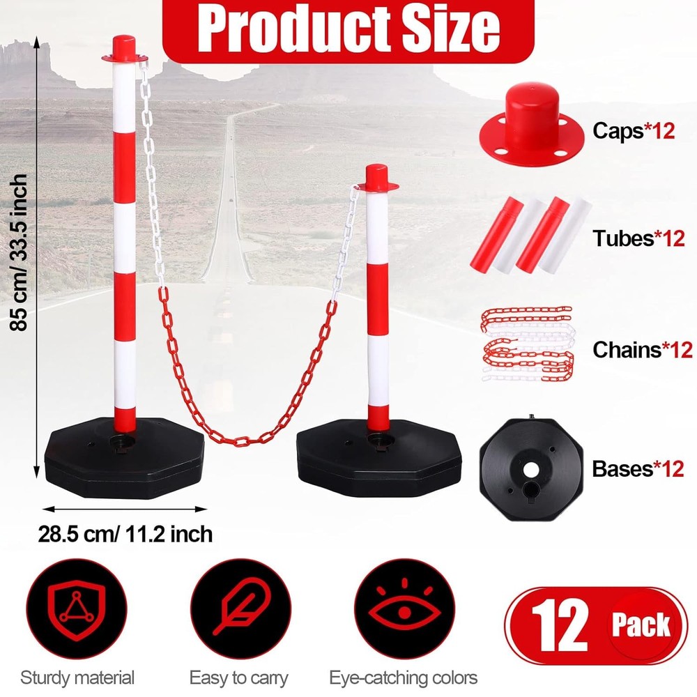 12 Pack Traffic Delineator Posts stanchions w Chain Fillable Base Red White