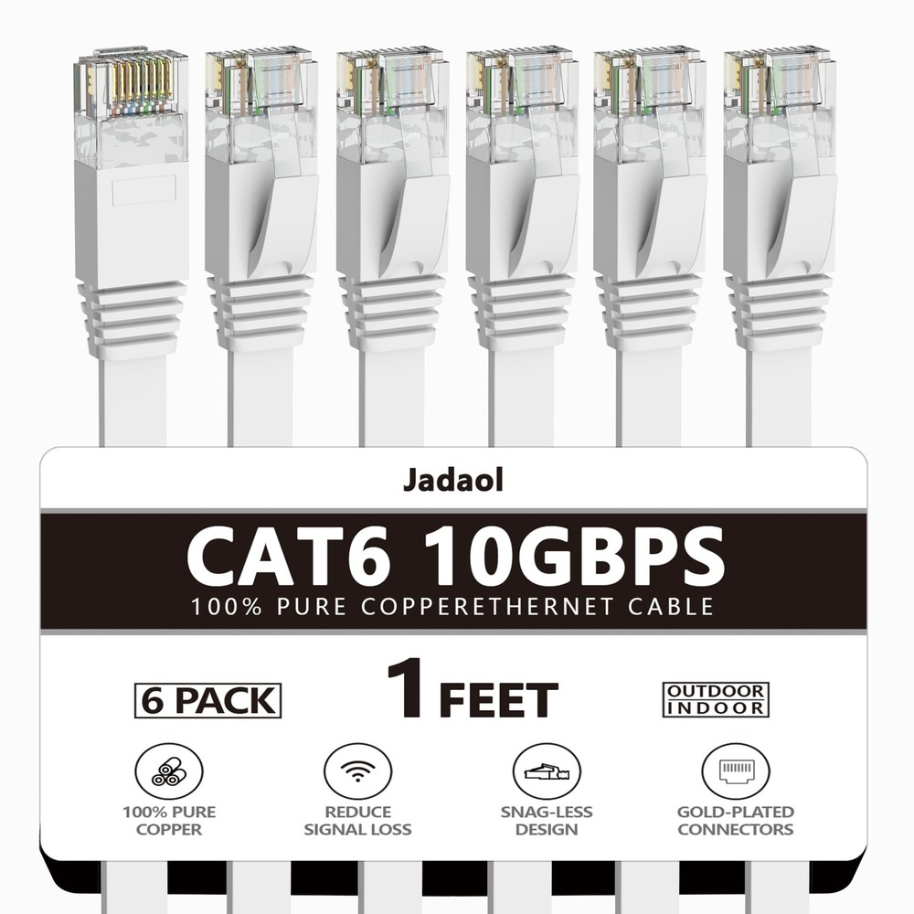 Jadaol Cat 6 Ethernet Cable 1 ft 6-Pack, 10Gbps Support Cat8 Cat7 1ft, White