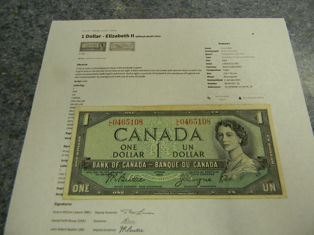 1954 Canada 1 Dollar Bill Nice