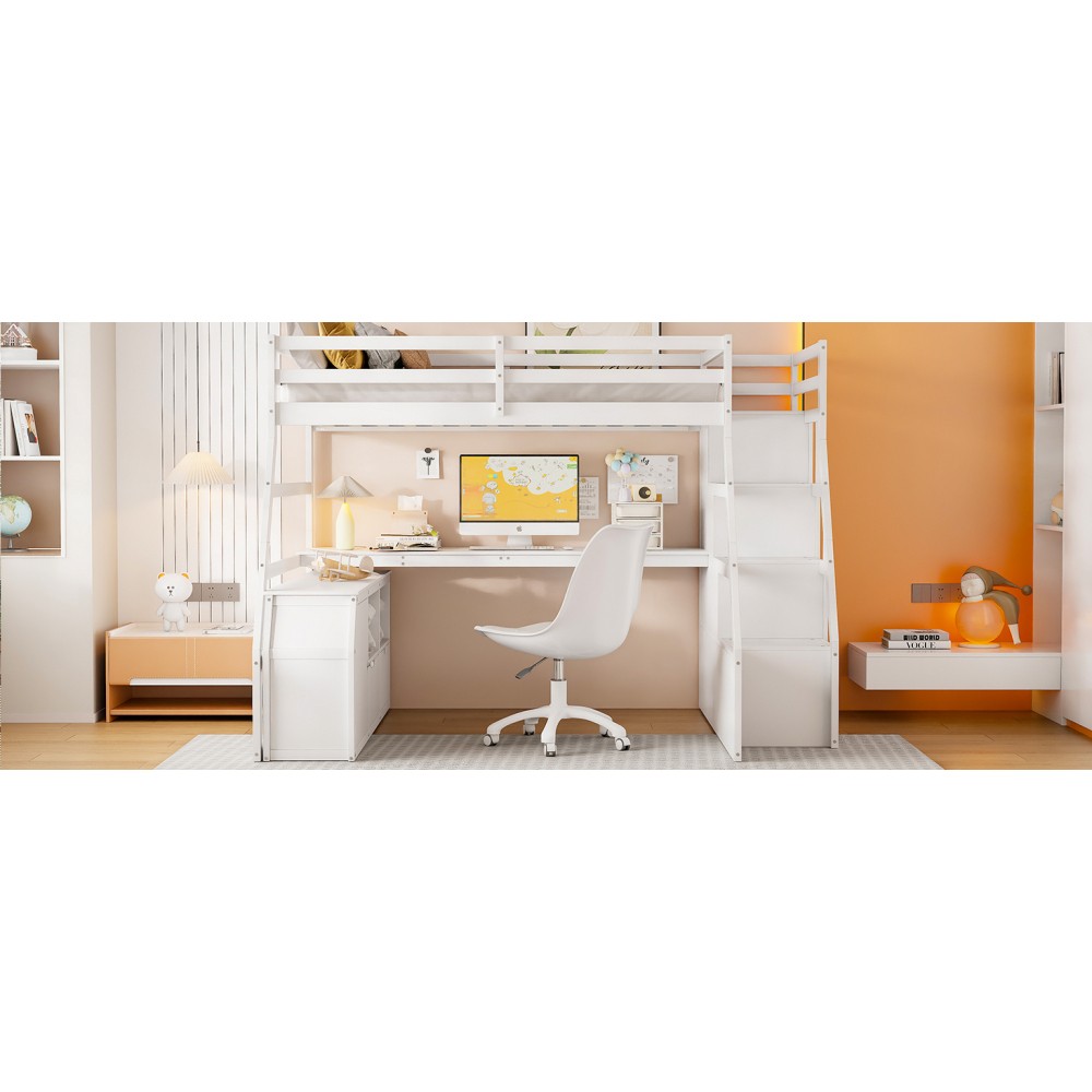 Full Loft Bed w/ Desk & Storage - White - Sturdy Pine Frame