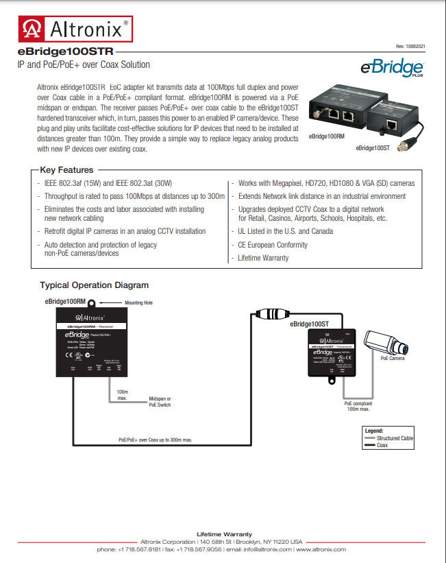 Altronix eBridge100STR EoC Single Port Adapter Kit 100Mbps Passes PoE/PoE+