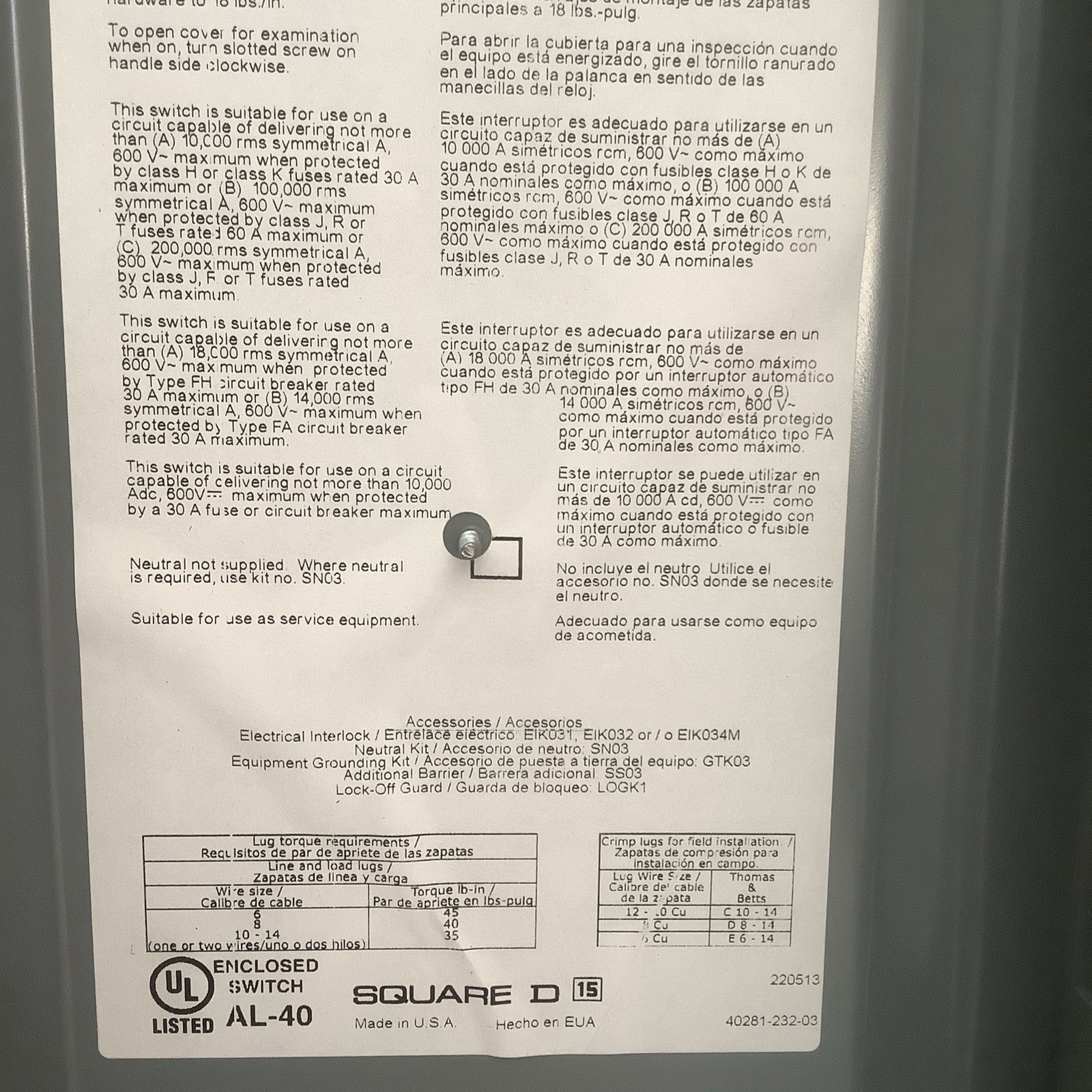 Schneider SQUARE D HU361RB Heavy Duty Safety Switch 30A 600V~