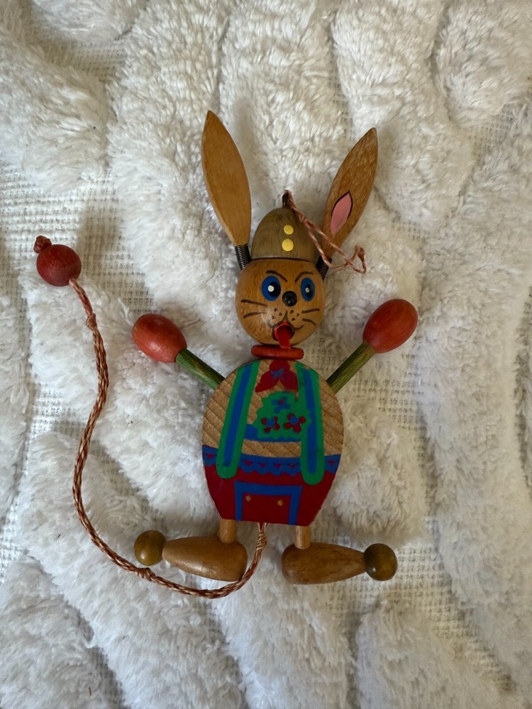 Vintage Austria Wooden Bunny Rabbit Easter Wood Pull String Toy