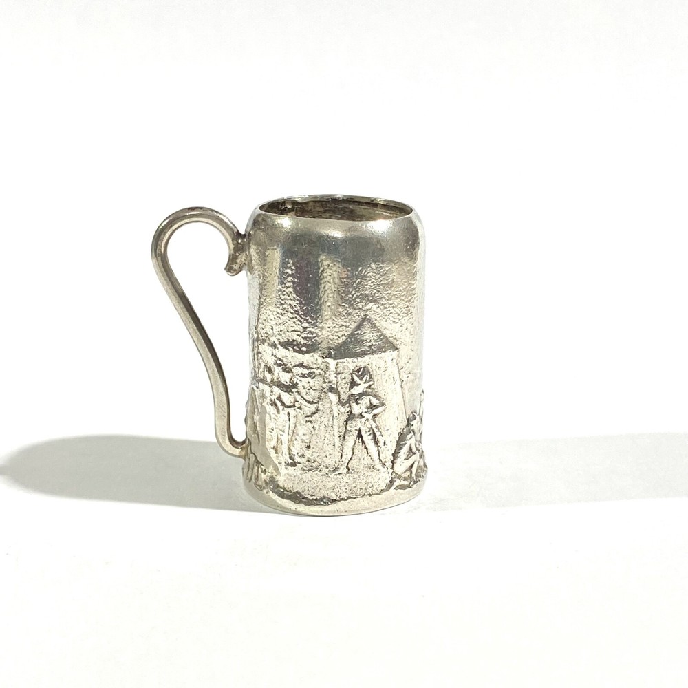 vintage heavy solid silver beer mug miniature with ancient scenes, hallmarked