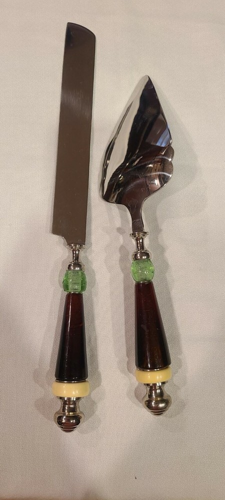 Glass Handle and Silver Cake Serving Set - Knife & Server