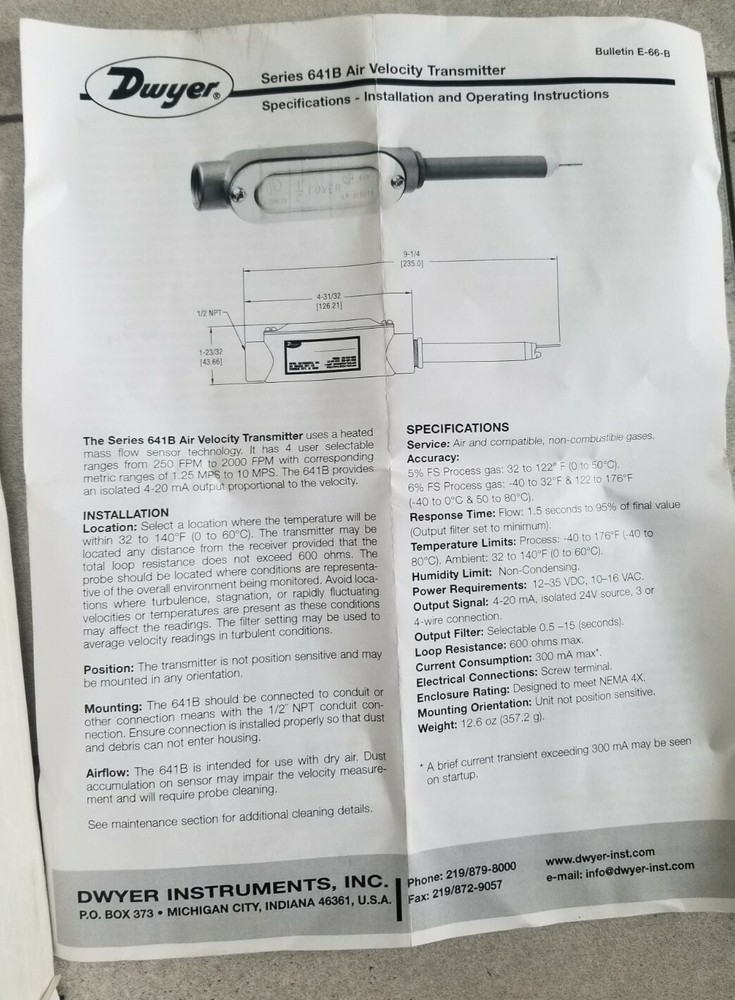 Dwyer 641B-4 Air Velocity Transmitter