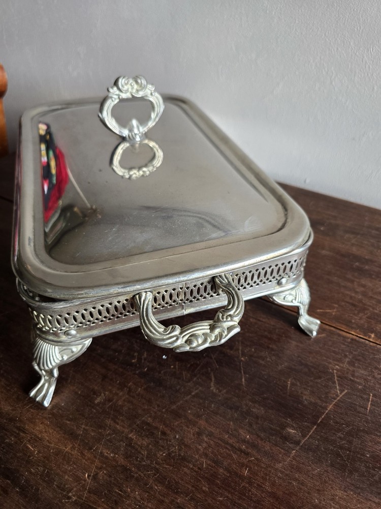 VTG Silver Plated Square Footed Buffet Casserole Dish Holder W/Lid & Glass Pan