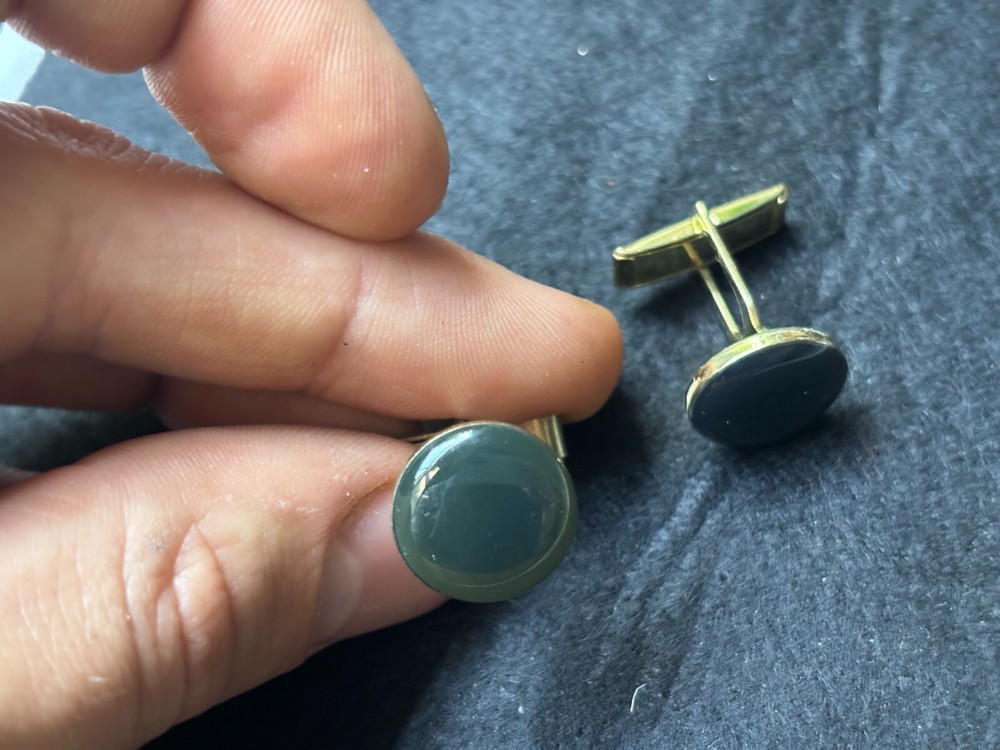 Vintage cufflinks - blue round gem solid metal casing