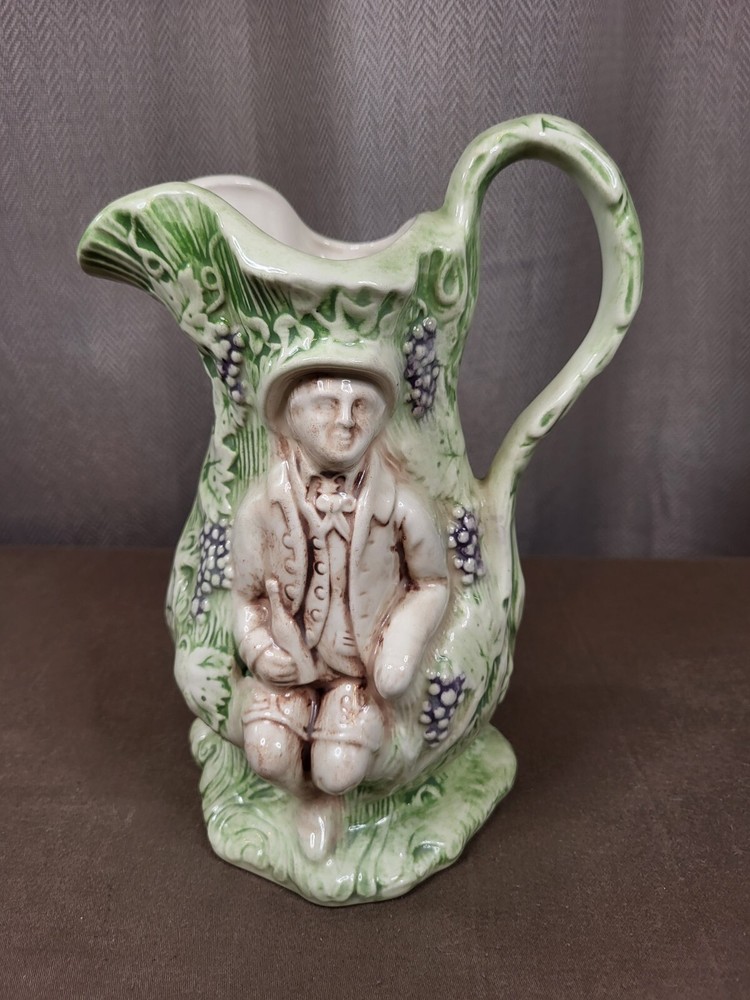 Vintage Ceramic Pitcher w Raised Figures & Grape Vines Artist Signed & Dated