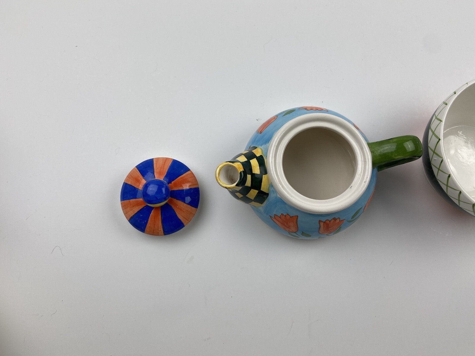 Whimsical Ceramic Teapot Tea for One Green & Yellow Check Spout & Orange Floral