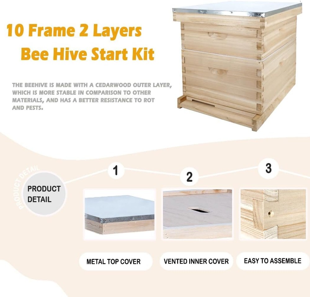 10-Frame Beehive Starter Kit, Honey Bee Hives Includes 1 Deep Bee Box 1 Medium B