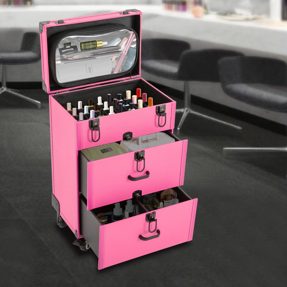 Makeup Train Case Rolling Cosmetic Trolley Makeup Storage Organizer Luggage Box