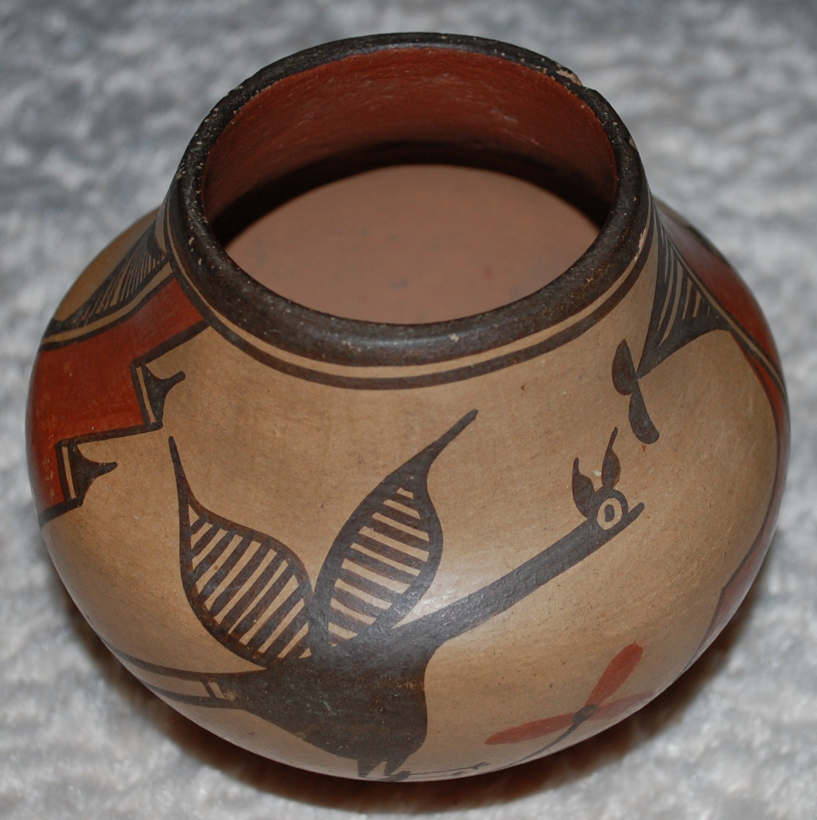 Vintage-1930-40 Zia Pottery Jar Roadrunner, Flower & Geometric designs-E. Medina