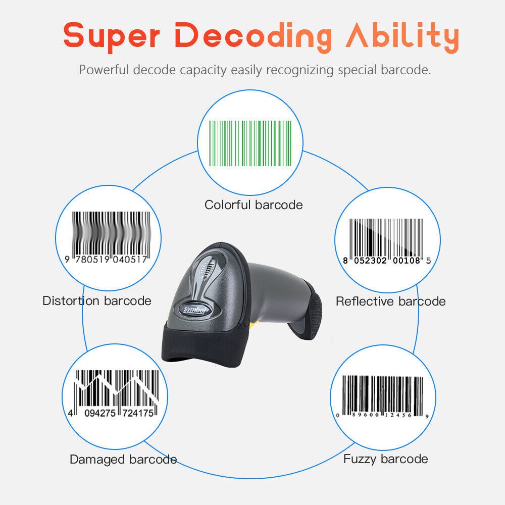 Zebra Symbol LS2208-SR20007R-NA USB Handheld 1D Laser Barcode Scanner Reader