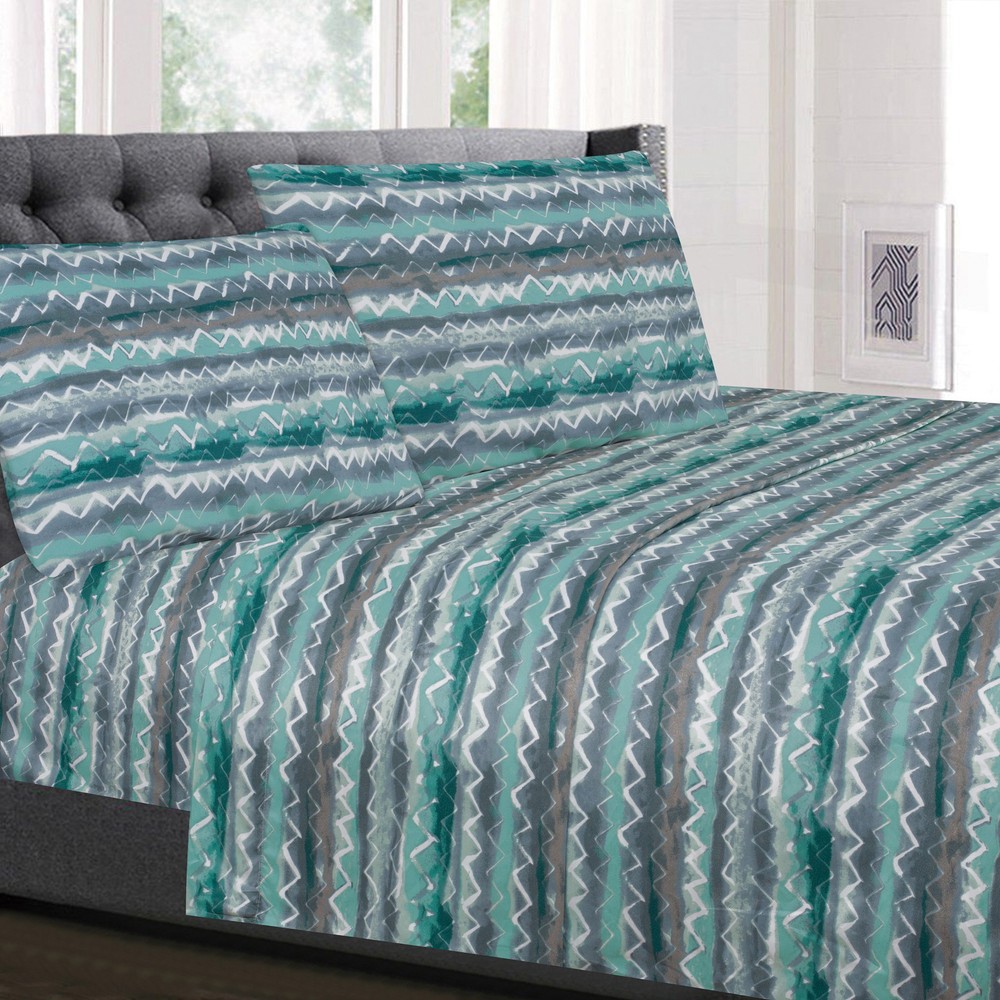 Summerset Green Zig Zag Printed 4-Piece Microfiber Sheet Set