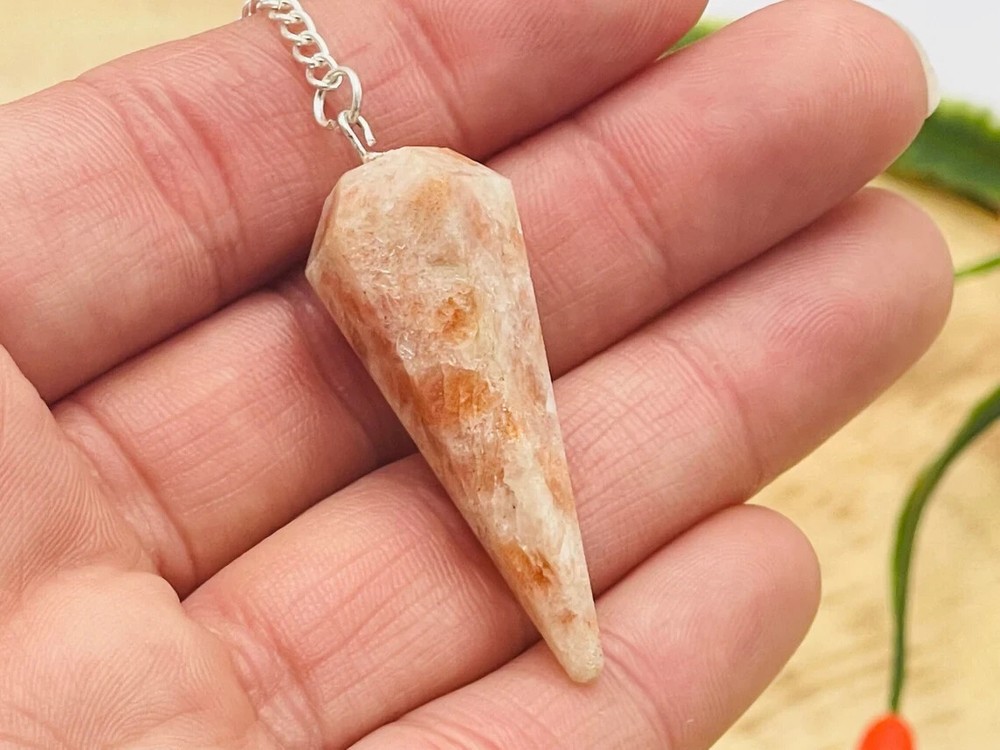 Sunstone Crystal Pendulum With Silver Plated Chain, Sunstone Point Pendulum