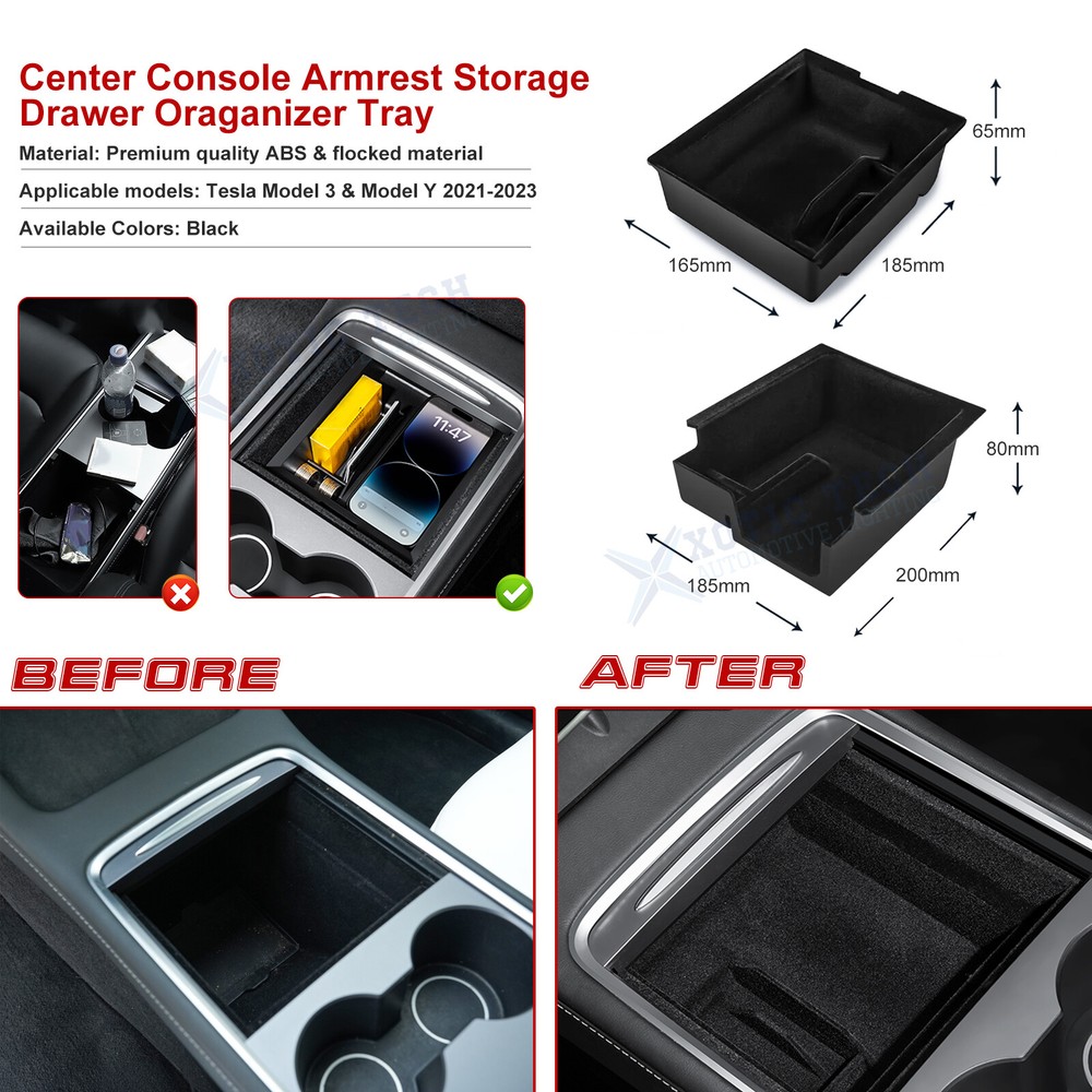 For Tesla 3&Y 2nd Gen Console Armrest Black Layer Organizer Tray Flocking Boxes