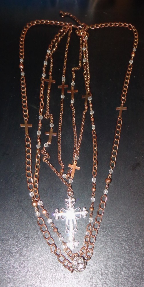 RELIGIOUS COPPER? MULTICHAIN CRYSTALS ORNATE CROSS PENDANT STATEMENT NECKLACE