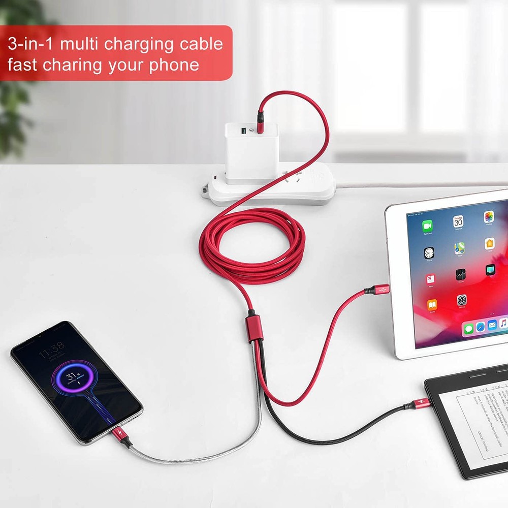 Multi Charging Cable, 10Ft 2Pack Fast Charger Cable Braided Red