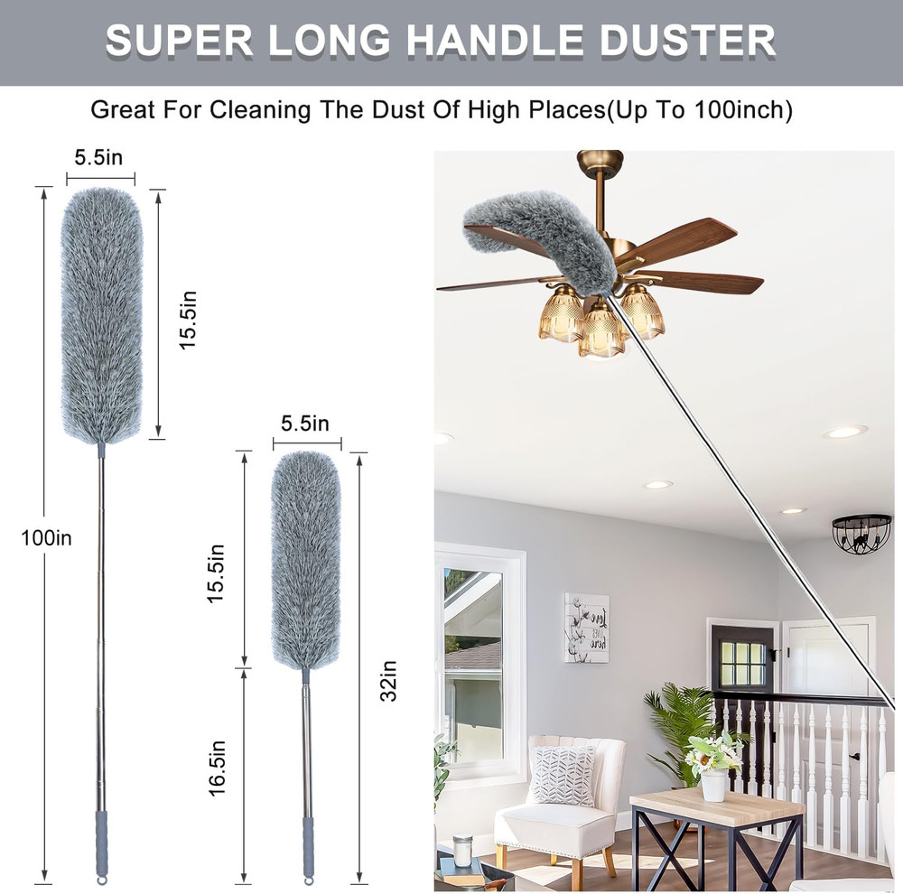 Microfiber Feather Duster with Extendable Pole, 100-Inch Extra-Long Dusters T...