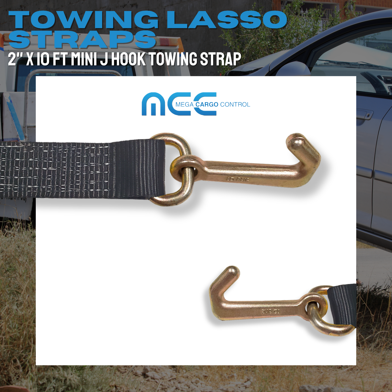 Heavy Duty G70 2" x 10' Mini J Hook Towing Trailer Wrecker Lasso Tie Down Strap