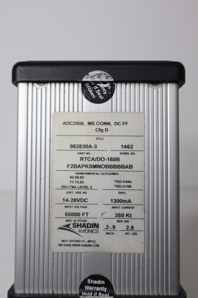 Shadin Avionics ADC2000 Air Data Computer 962830A-3 (14-28 VDC) Removed Working