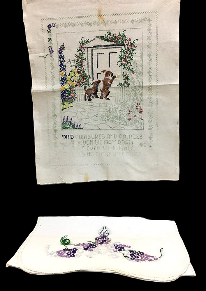 2 Unfinished Embroidery Projects Needlepoint Table Runner And Sampler Vintage