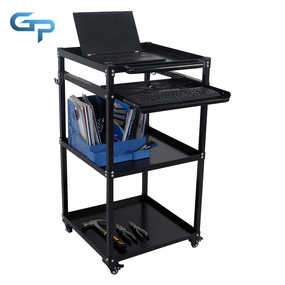 3 Shelves Aluminum AV Utility Cart With Keyboard Tray Height Adjustable Height