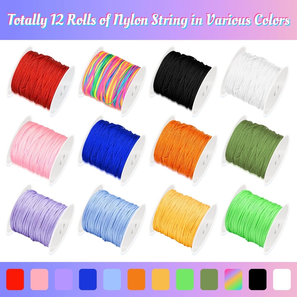 12 Rolls Nylon String for Bracelets Making, 0.8 mm Cord Multicolor