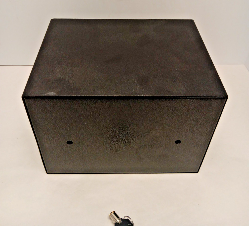 electronic security safe box with a keypad and key access.