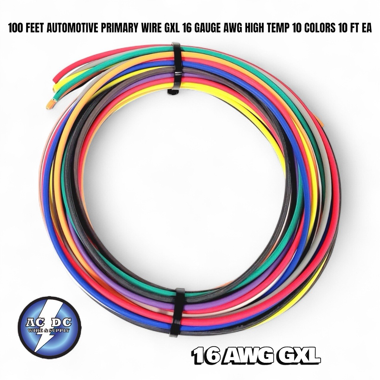 100 FEET AUTOMOTIVE PRIMARY WIRE GXL 16 GAUGE AWG HIGH TEMP 10 COLORS 10 FT EA