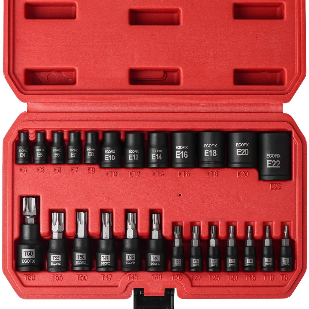 25 Piece Torx Bit and Socket Set, 13 Star Bits (T8- T60) & 12 E-Torx Sockets ...