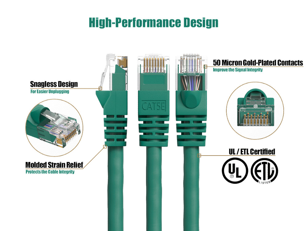 10ft Cat5e UTP Ethernet Network Patch Cable Snagless 24AWG Bare Copper, Green