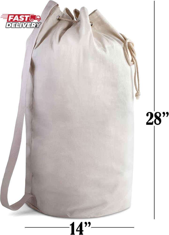 Handy Laundry Canvas Duffel Bag - Drawstring, Leather Closure, Shoulder Strap. (