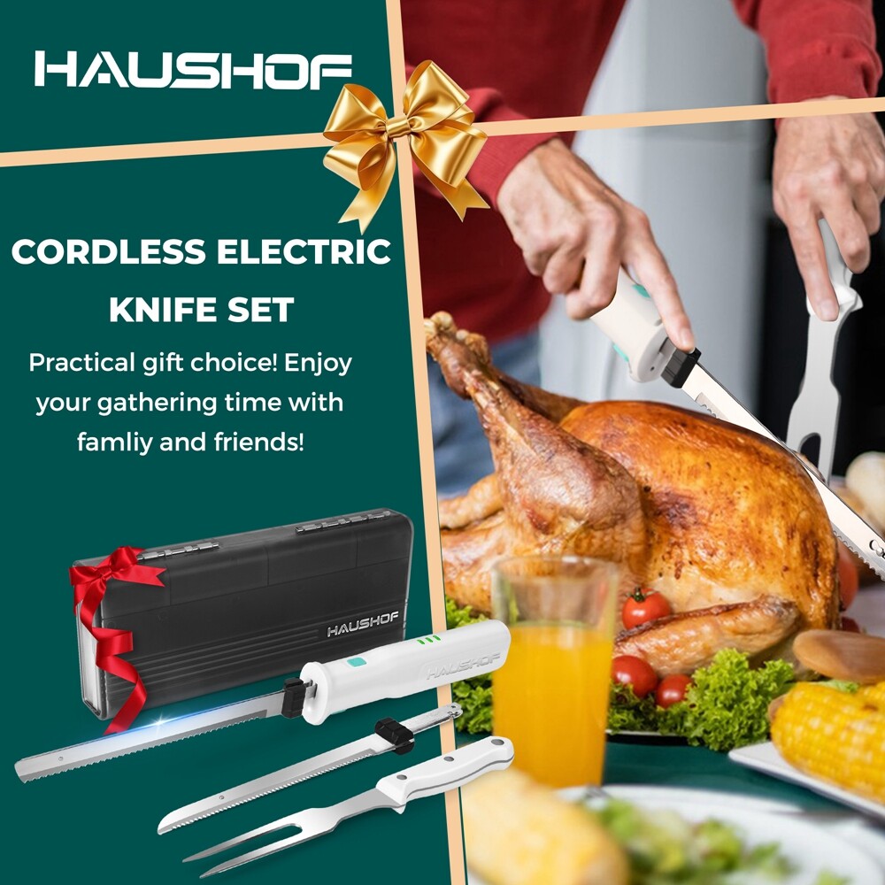 HAUSHOF 8V Cordless Electric Knife Set Meat Cutter Stainless Steel Blades w/Case