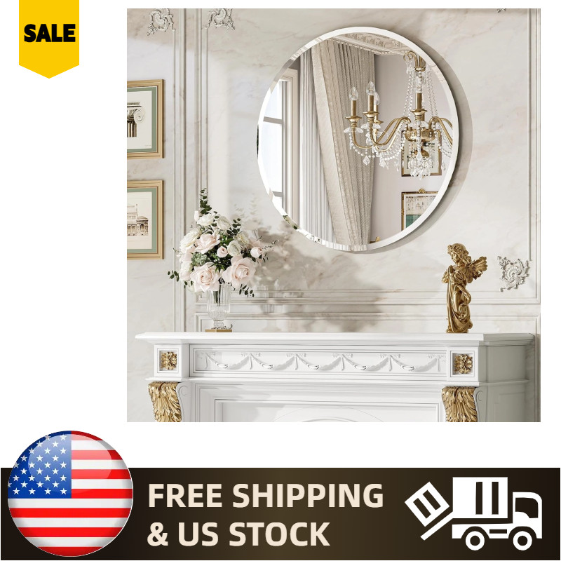 30" Frameless Round Bathroom Mirror - Beveled Vanity Mirror with Support Panel