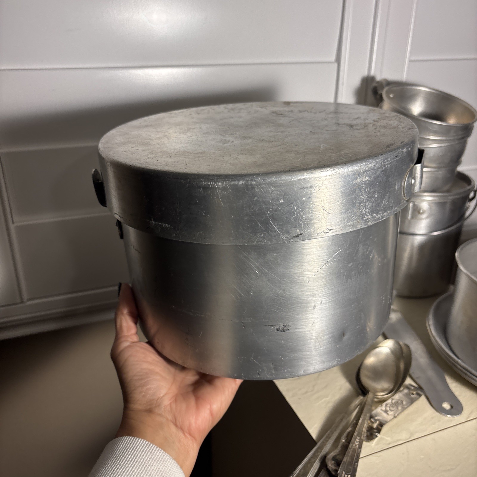 Vintage Aluminum Nesting Camping Mess Set Cooking Pots Plates Cups Set 4 Japan