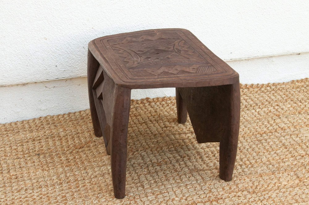 Diamond Base Carved African End Table