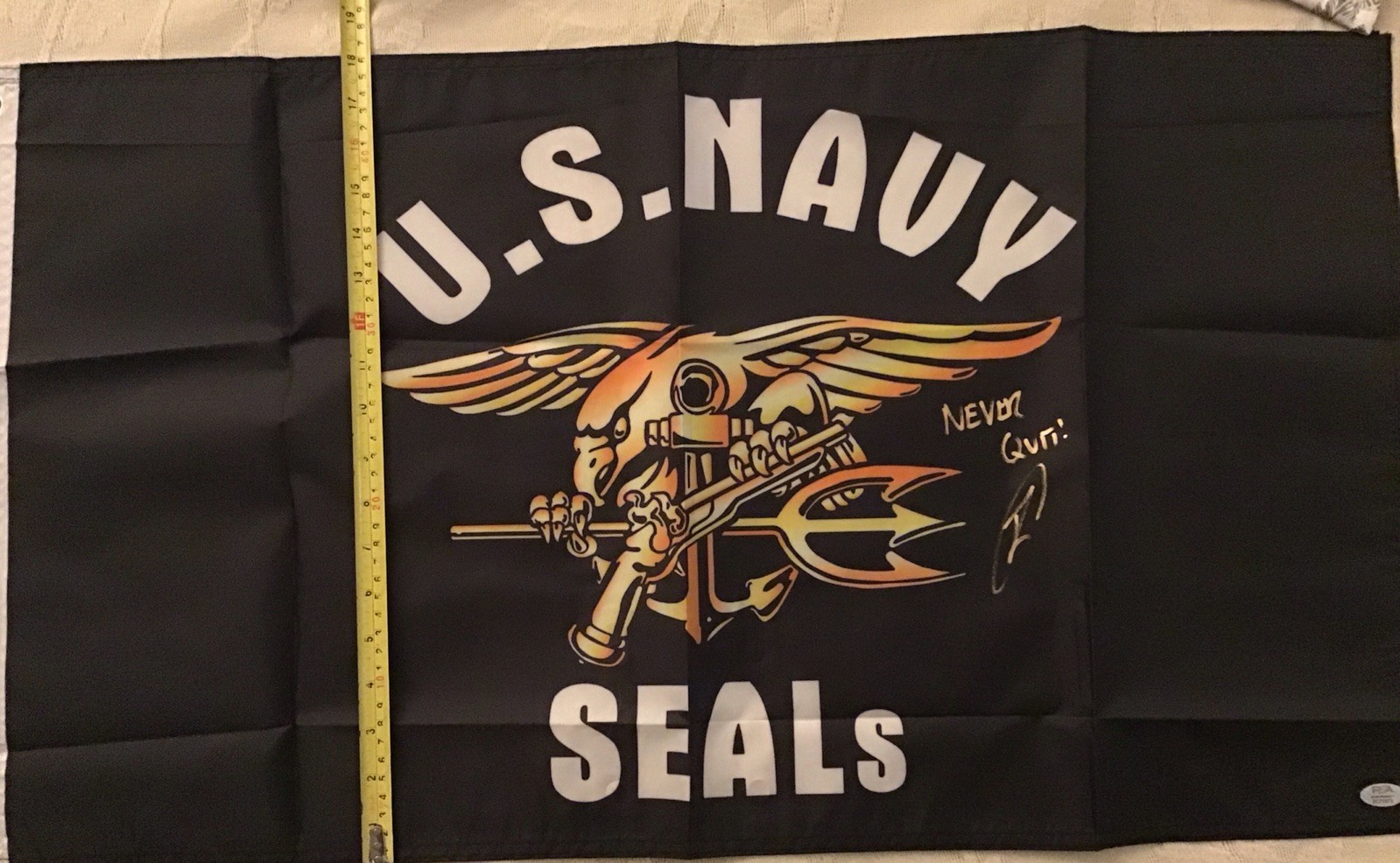 Rob O'Neill Never Quit Gold 31.5"x15" NAVY SEALs Flag PSA Certification 2C71972