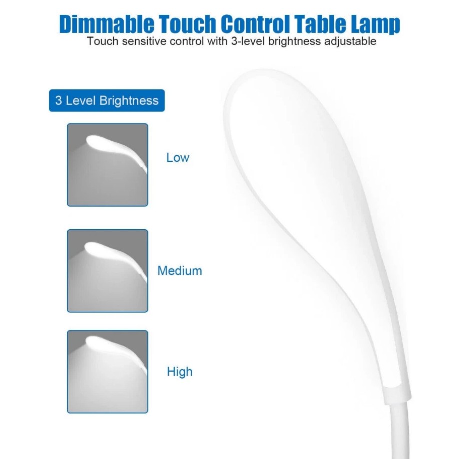 USB LED Desk Light Dimmable Bedside Reading Lamp Rechargeable Touch Control -&+