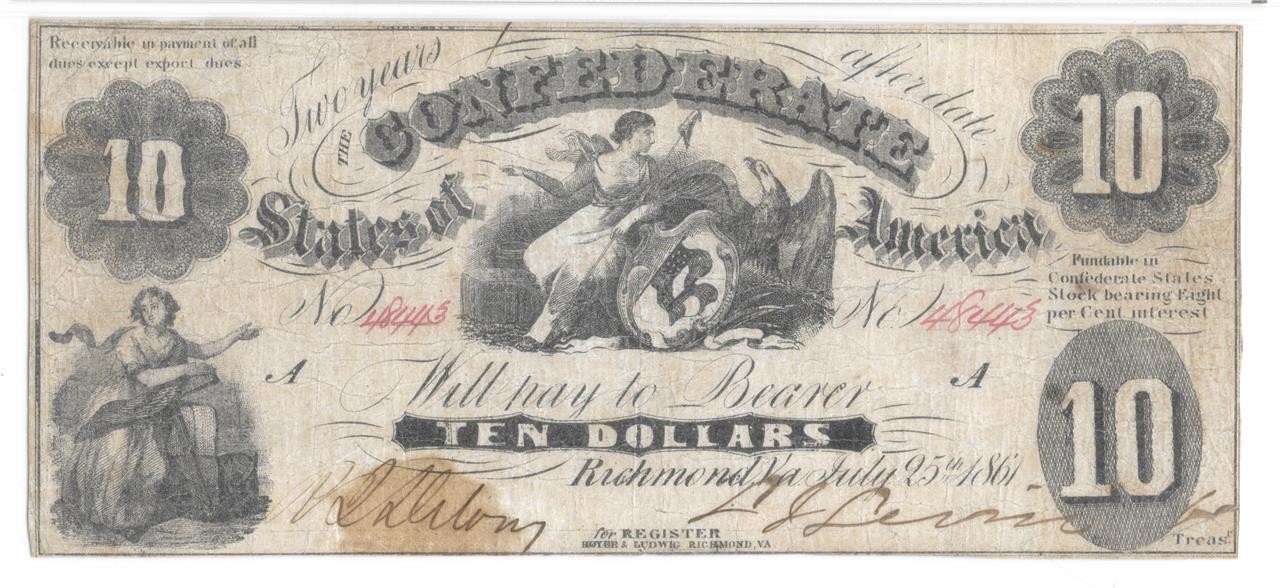 T-10 $10 Confederate 1861 PF-16 Scarce Type! PMG VF 20 Sharply Printed CSA Note