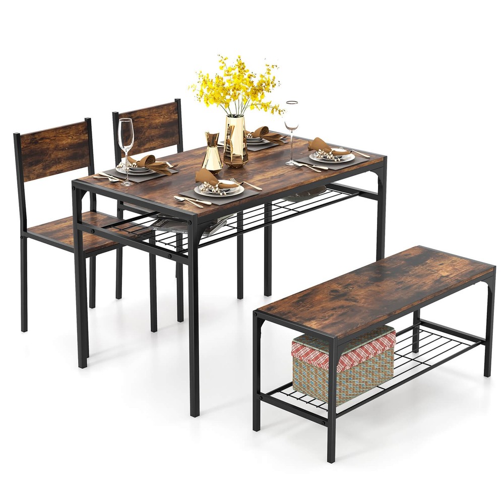 Dining Table Set for 4 Rectangular Table w/ 2 Chairs, 1 Bench, Storage Racks