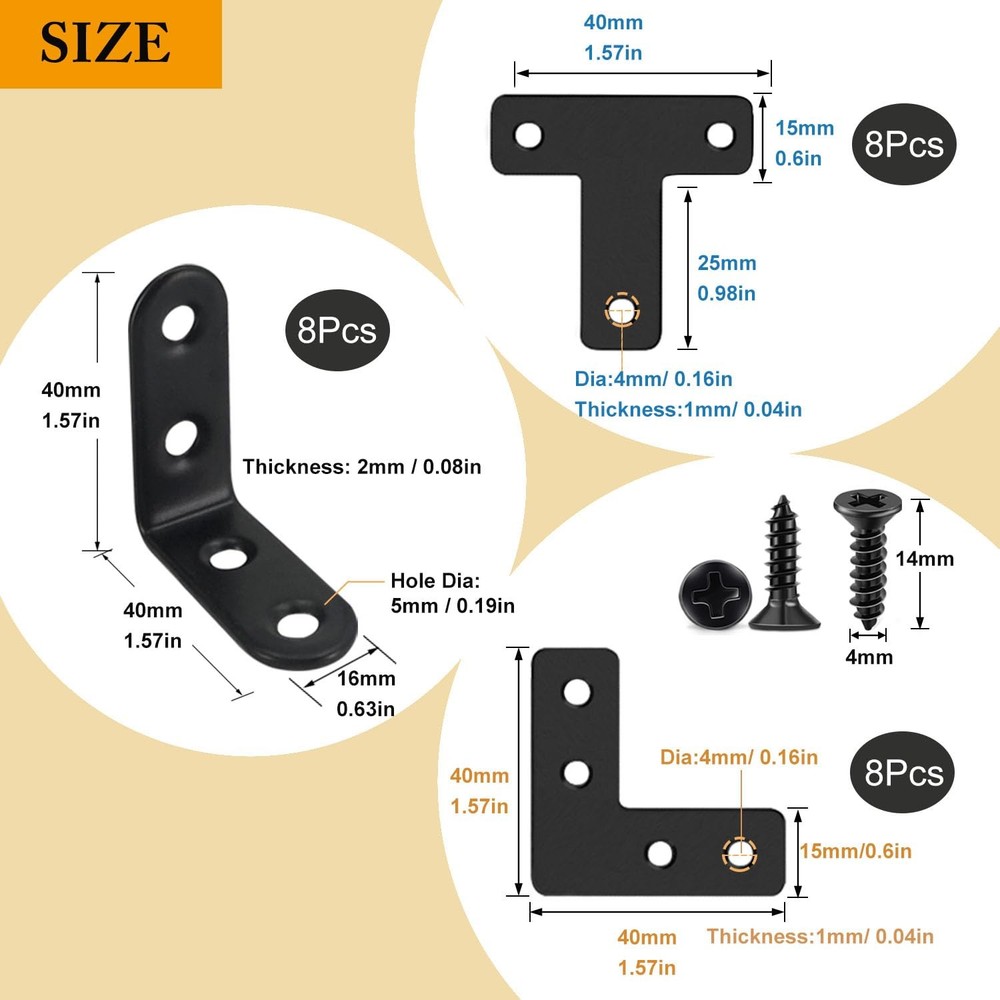 QSJ 24 Pack L Bracket Corner 24Pcs Set (Flat T/L/Solid L), Black