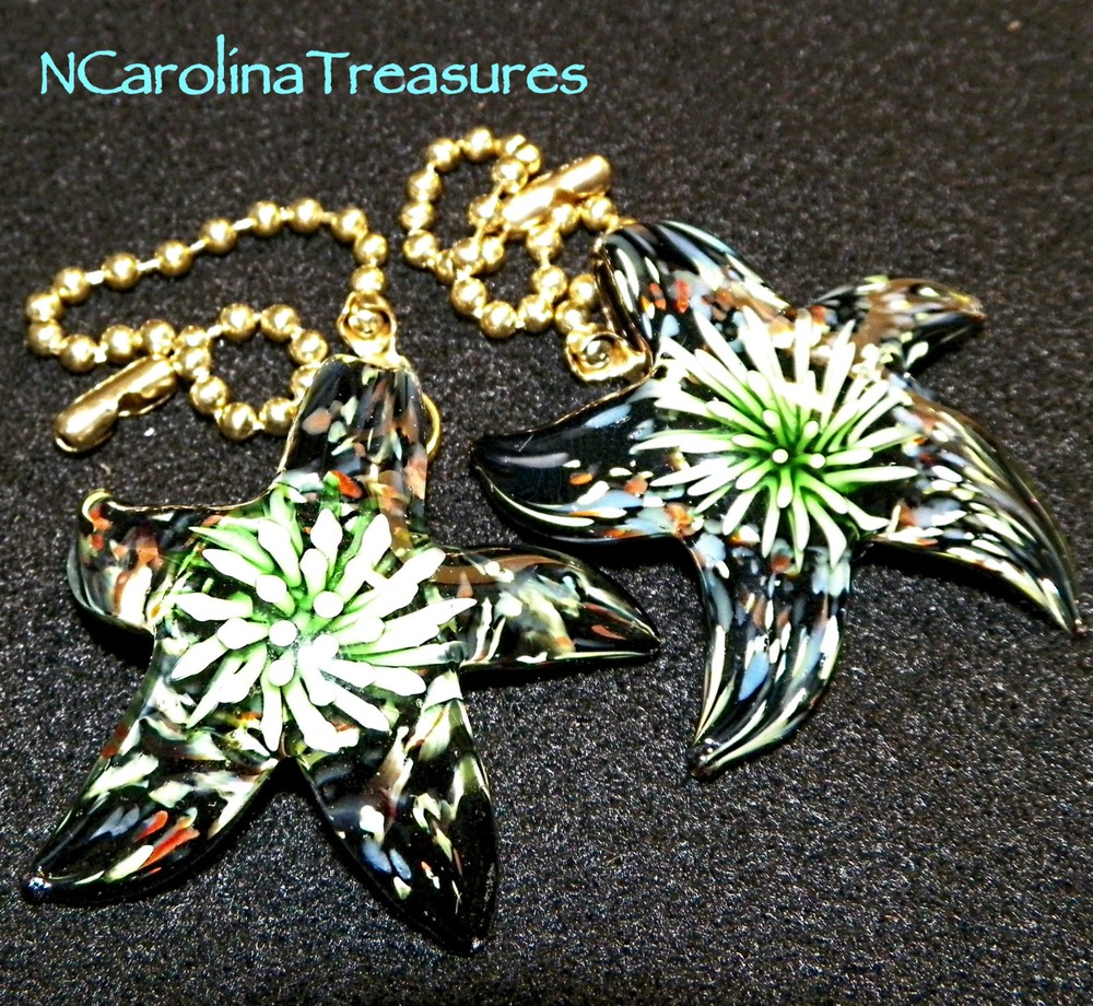 STAR STARFISH GREEN BLACK BURST GLASS CEILING FAN SWITCH PULL PULLS LARGE PAIR
